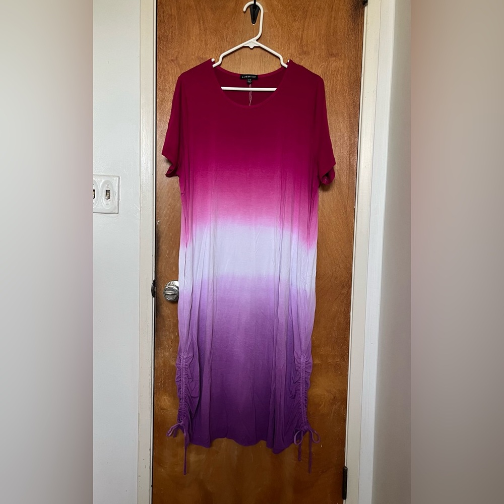 Lane Bryant pink/purple short sleeve maxi dress EUC 18/20 bottom side cinch ties